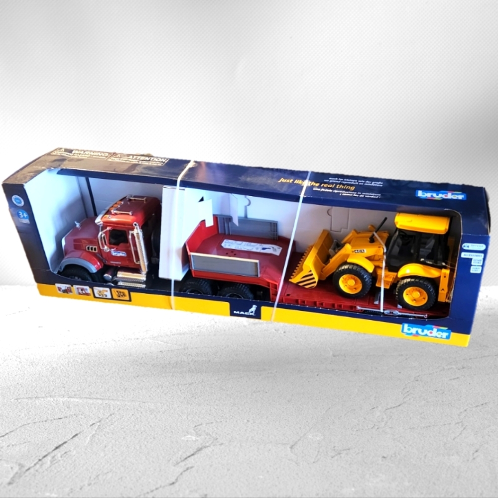 Bruder 02813 MACK Granite Flatbed Truck w/ JCB Loader Backhoe